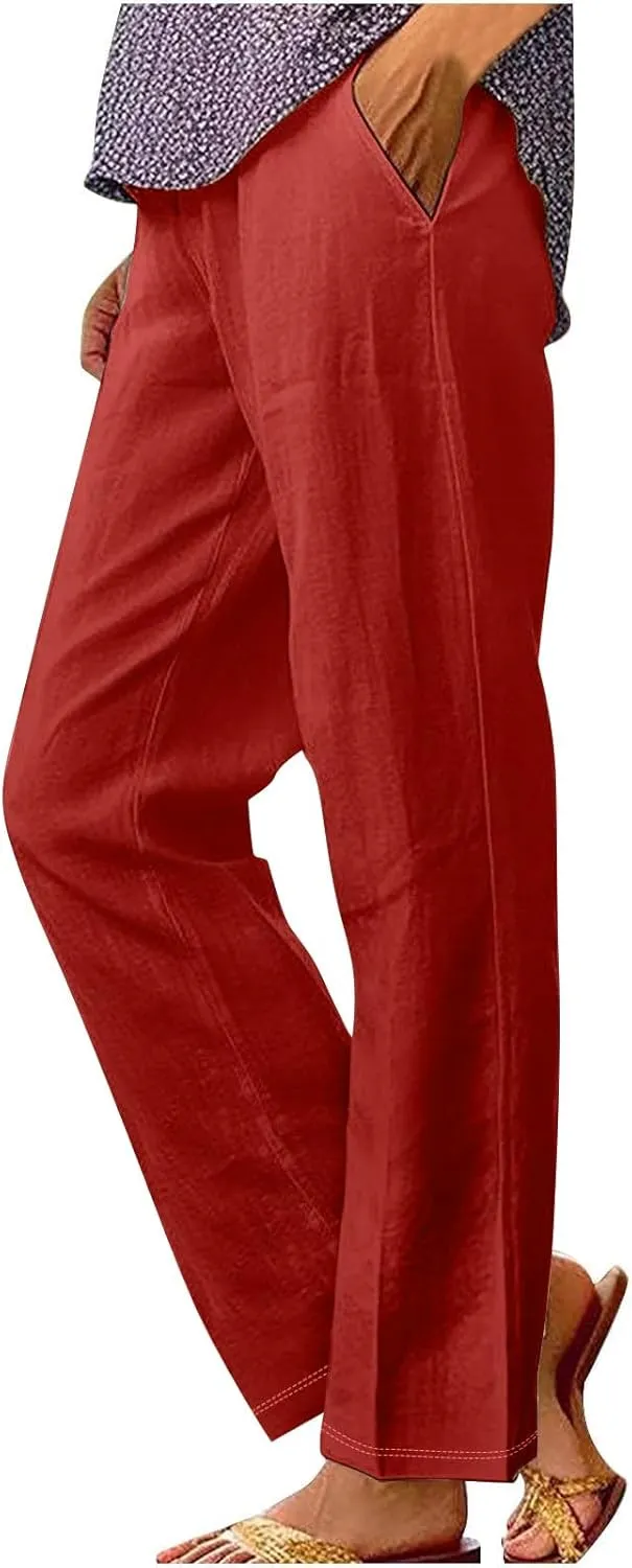 Women's Solid Cotton Linen Straight Pants Classic Loose Summer Pant Relax Fit High Elastic Waist Trousers with Pokets