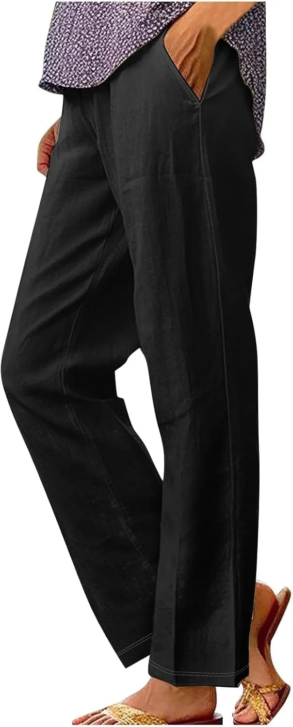Women's Solid Cotton Linen Straight Pants Classic Loose Summer Pant Relax Fit High Elastic Waist Trousers with Pokets