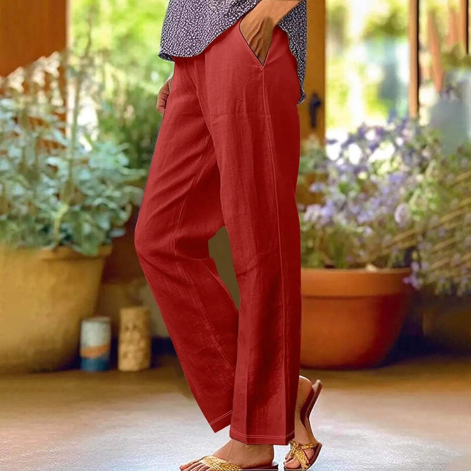 Women's Solid Cotton Linen Straight Pants Classic Loose Summer Pant Relax Fit High Elastic Waist Trousers with Pokets