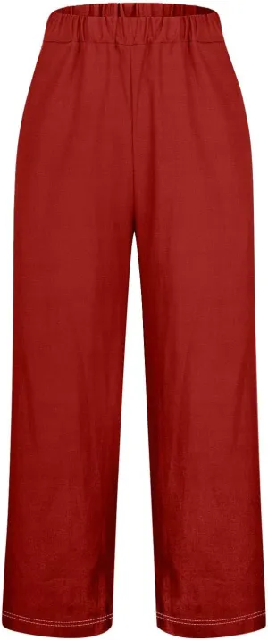 Women's Solid Cotton Linen Straight Pants Classic Loose Summer Pant Relax Fit High Elastic Waist Trousers with Pokets
