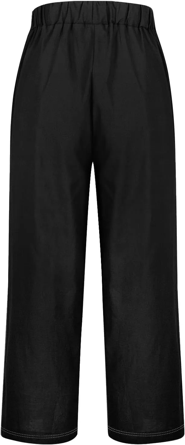 Women's Solid Cotton Linen Straight Pants Classic Loose Summer Pant Relax Fit High Elastic Waist Trousers with Pokets