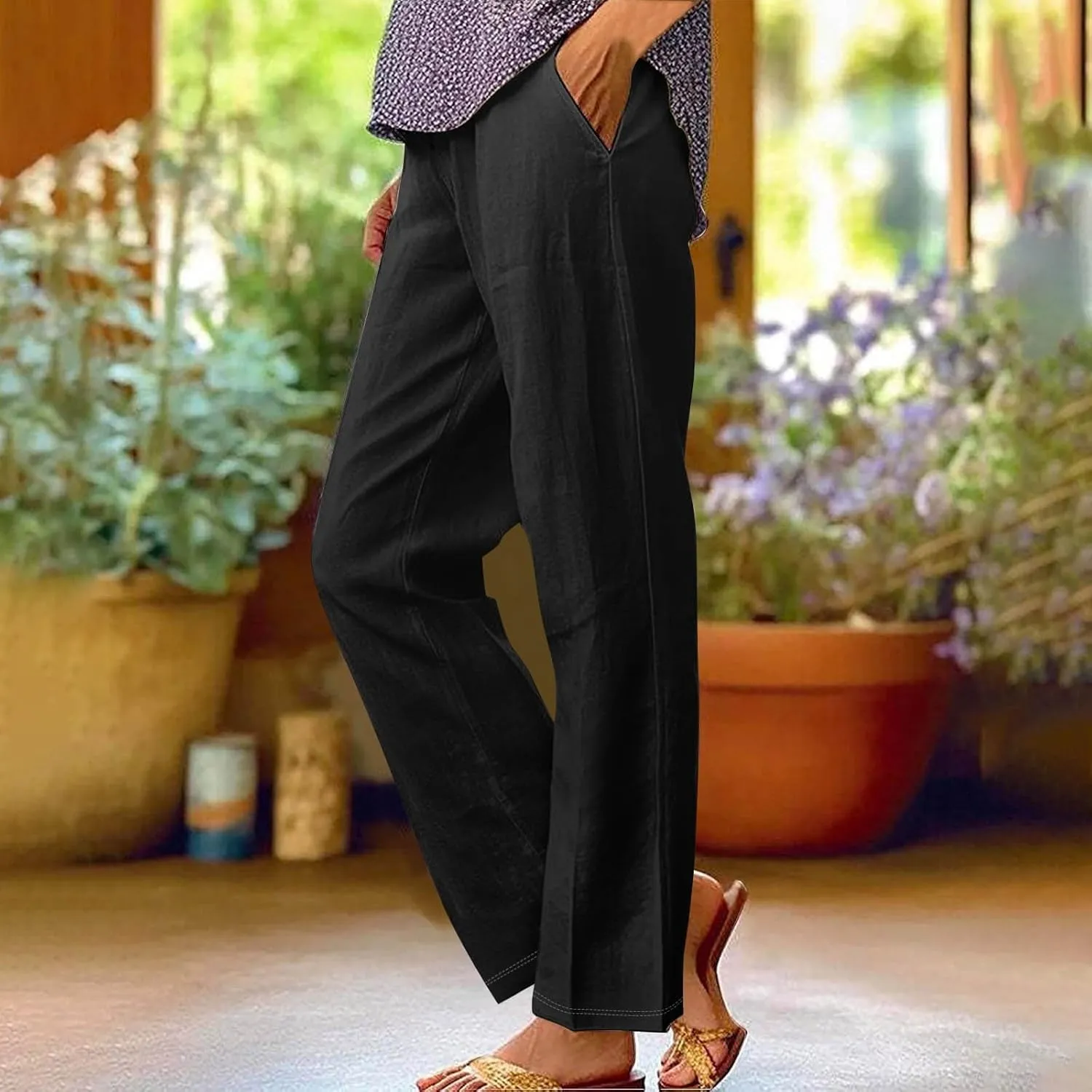 Women's Solid Cotton Linen Straight Pants Classic Loose Summer Pant Relax Fit High Elastic Waist Trousers with Pokets