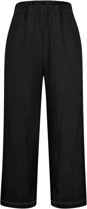 Women's Solid Cotton Linen Straight Pants Classic Loose Summer Pant Relax Fit High Elastic Waist Trousers with Pokets