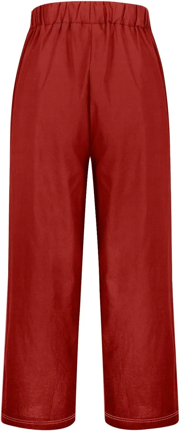 Women's Solid Cotton Linen Straight Pants Classic Loose Summer Pant Relax Fit High Elastic Waist Trousers with Pokets