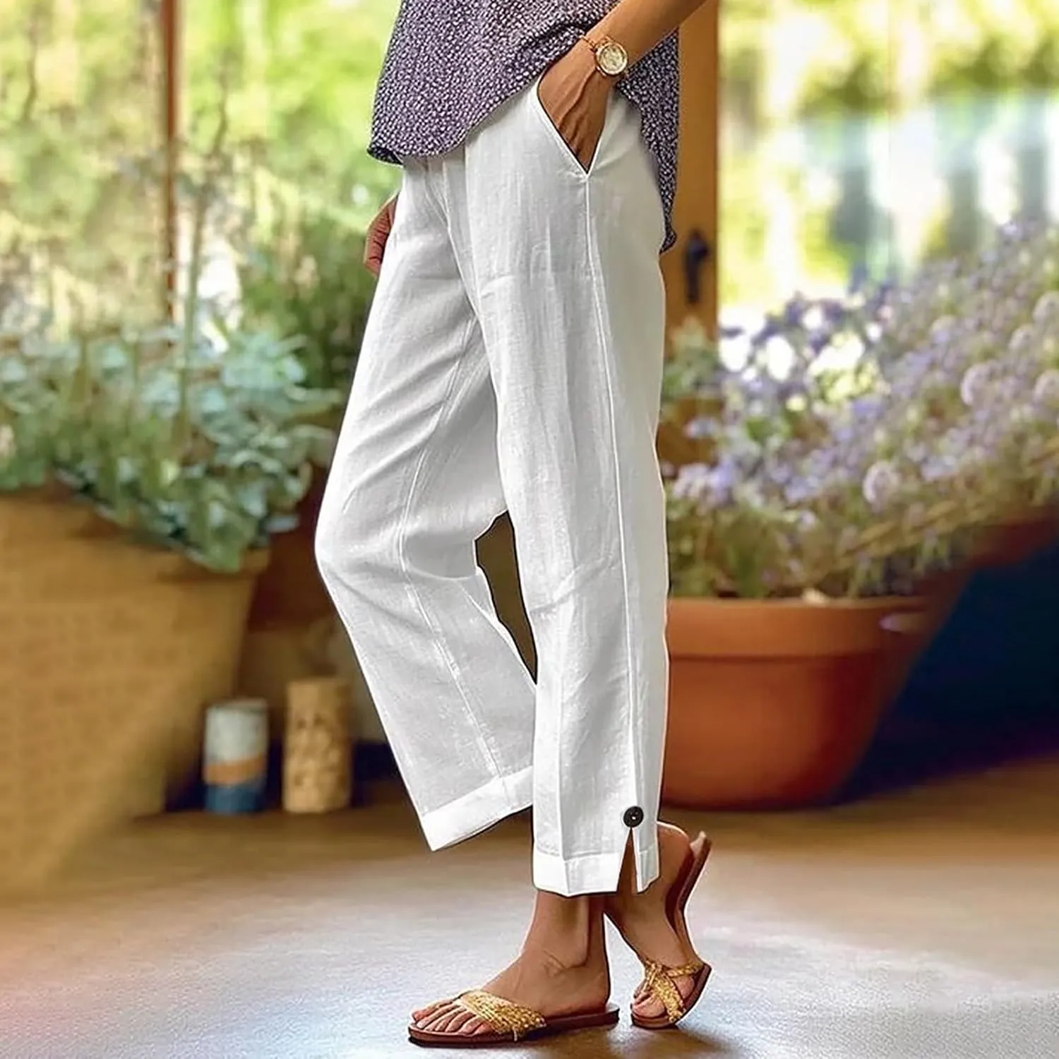 Women's Solid Cotton Linen Straight Pants Wide Leg Trouser with Buttons Classic Breathable Elastic Summer Casual Trousers