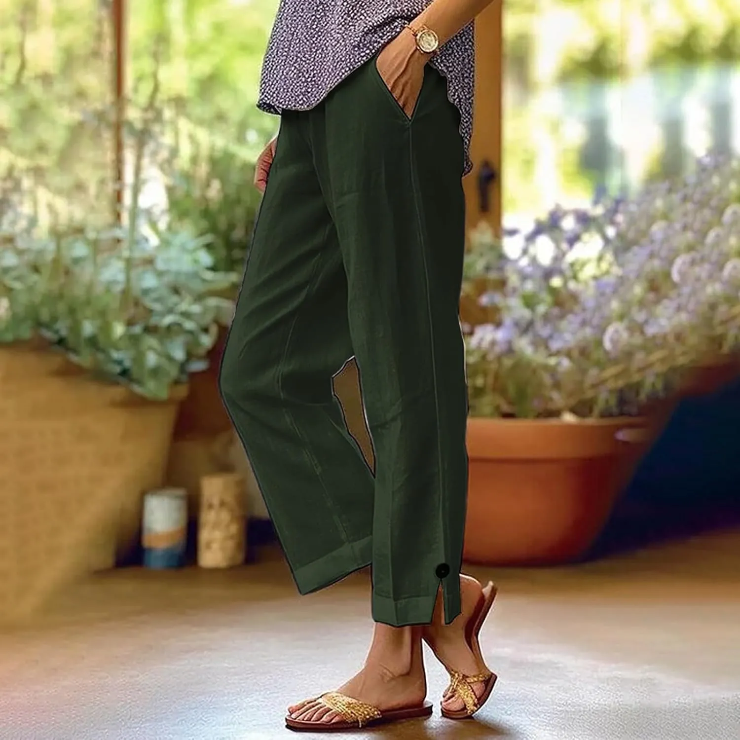 Women's Solid Cotton Linen Straight Pants Wide Leg Trouser with Buttons Classic Breathable Elastic Summer Casual Trousers