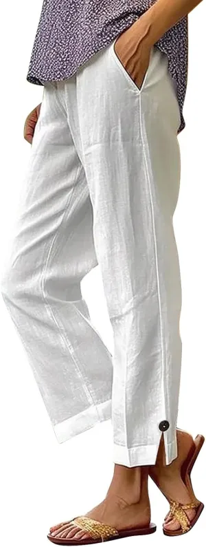 Women's Solid Cotton Linen Straight Pants Wide Leg Trouser with Buttons Classic Breathable Elastic Summer Casual Trousers