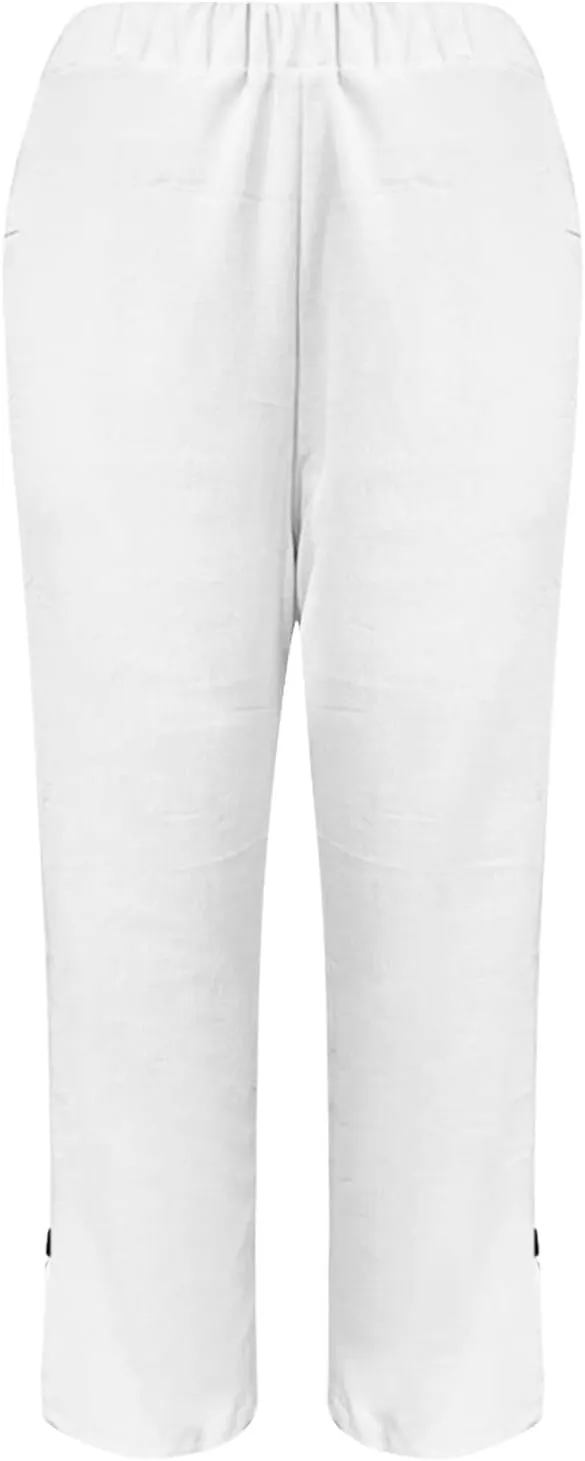 Women's Solid Cotton Linen Straight Pants Wide Leg Trouser with Buttons Classic Breathable Elastic Summer Casual Trousers