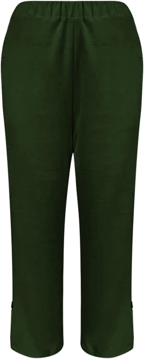 Women's Solid Cotton Linen Straight Pants Wide Leg Trouser with Buttons Classic Breathable Elastic Summer Casual Trousers