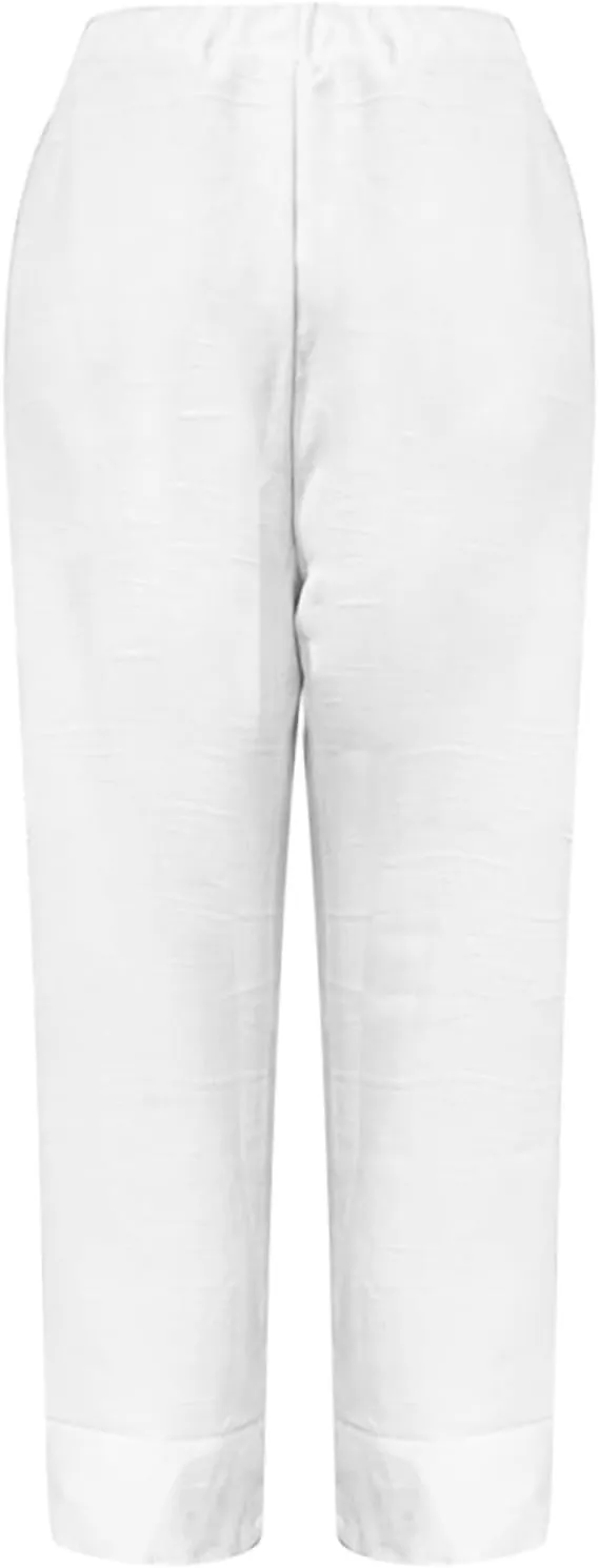 Women's Solid Cotton Linen Straight Pants Wide Leg Trouser with Buttons Classic Breathable Elastic Summer Casual Trousers