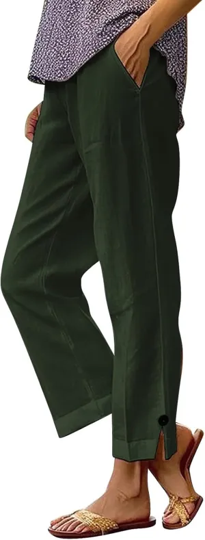Women's Solid Cotton Linen Straight Pants Wide Leg Trouser with Buttons Classic Breathable Elastic Summer Casual Trousers