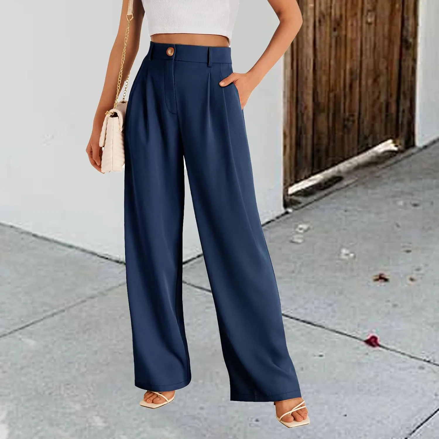 Womens Suit Pants Business High Waist Wide Leg Pant Stretch Button Work Straight Leg Trousers Casual with Pockets