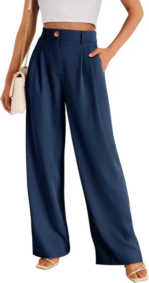 Womens Suit Pants Business High Waist Wide Leg Pant Stretch Button Work Straight Leg Trousers Casual with Pockets