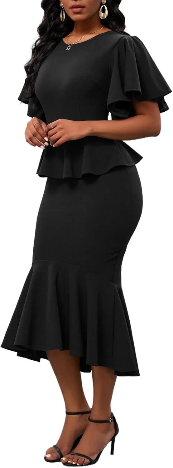 Womens Summer Ruffle Short Sleeve Fishtail Dress Evening Cocktail Formal Peplum Midi Mermaid Dresses Elegant