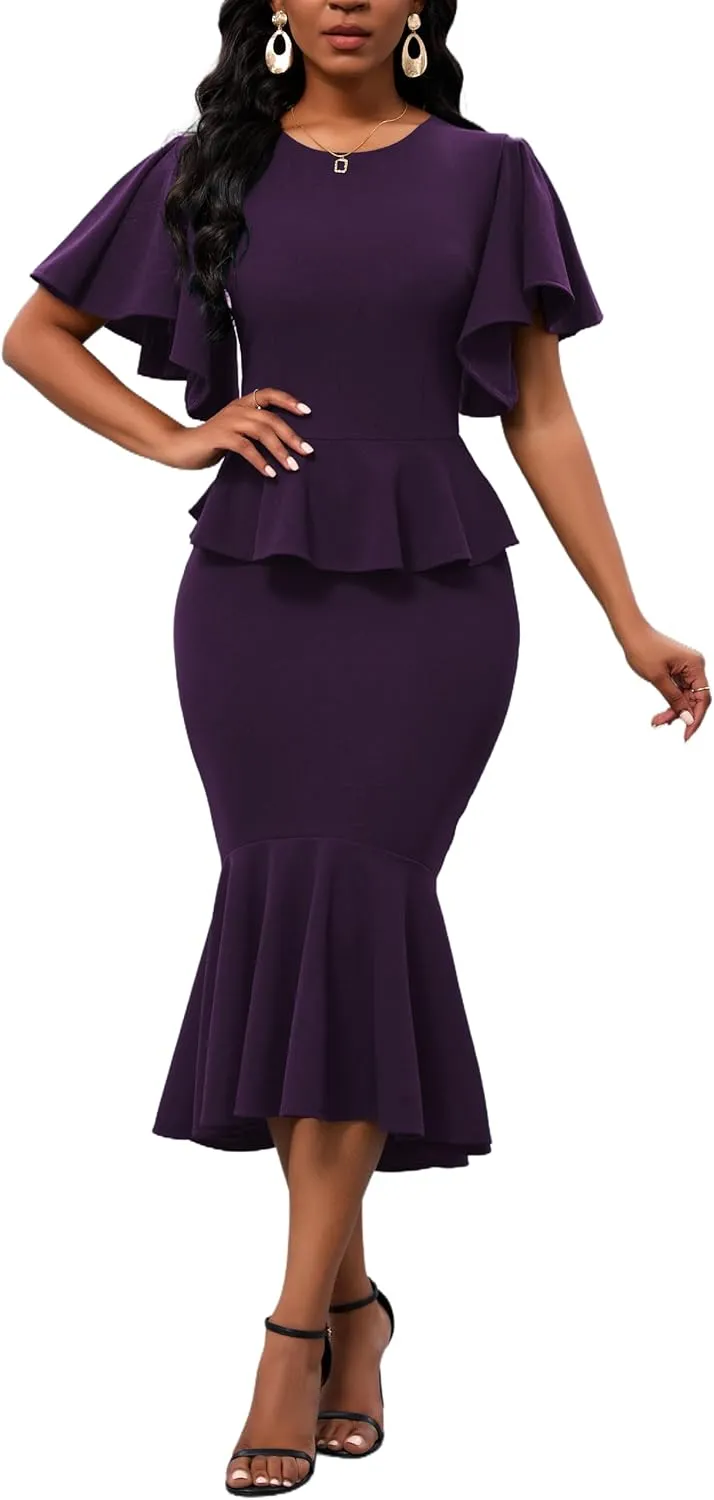 Womens Summer Ruffle Short Sleeve Fishtail Dress Evening Cocktail Formal Peplum Midi Mermaid Dresses Elegant