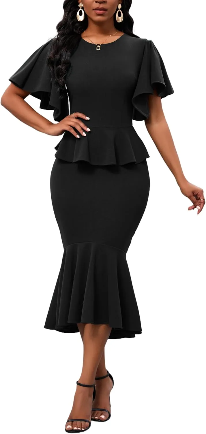 Womens Summer Ruffle Short Sleeve Fishtail Dress Evening Cocktail Formal Peplum Midi Mermaid Dresses Elegant