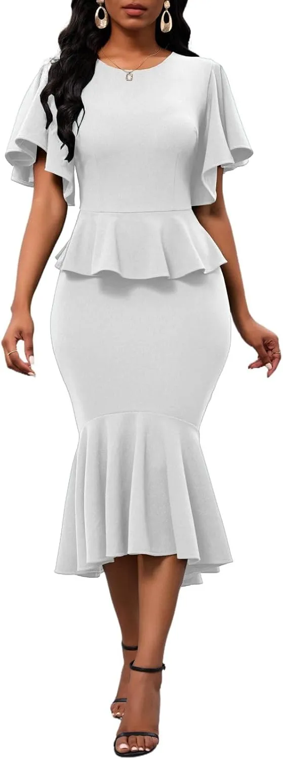 Womens Summer Ruffle Short Sleeve Fishtail Dress Evening Cocktail Formal Peplum Midi Mermaid Dresses Elegant