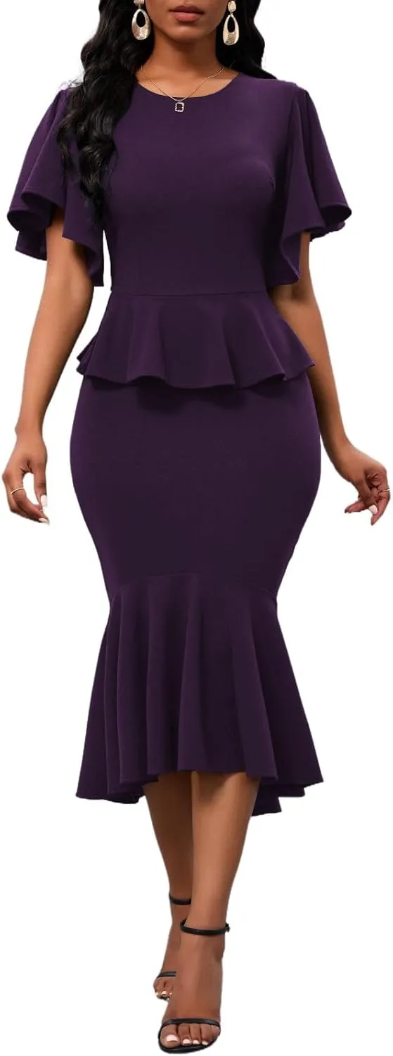 Womens Summer Ruffle Short Sleeve Fishtail Dress Evening Cocktail Formal Peplum Midi Mermaid Dresses Elegant