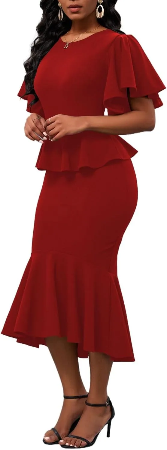 Womens Summer Ruffle Short Sleeve Fishtail Dress Evening Cocktail Formal Peplum Midi Mermaid Dresses Elegant