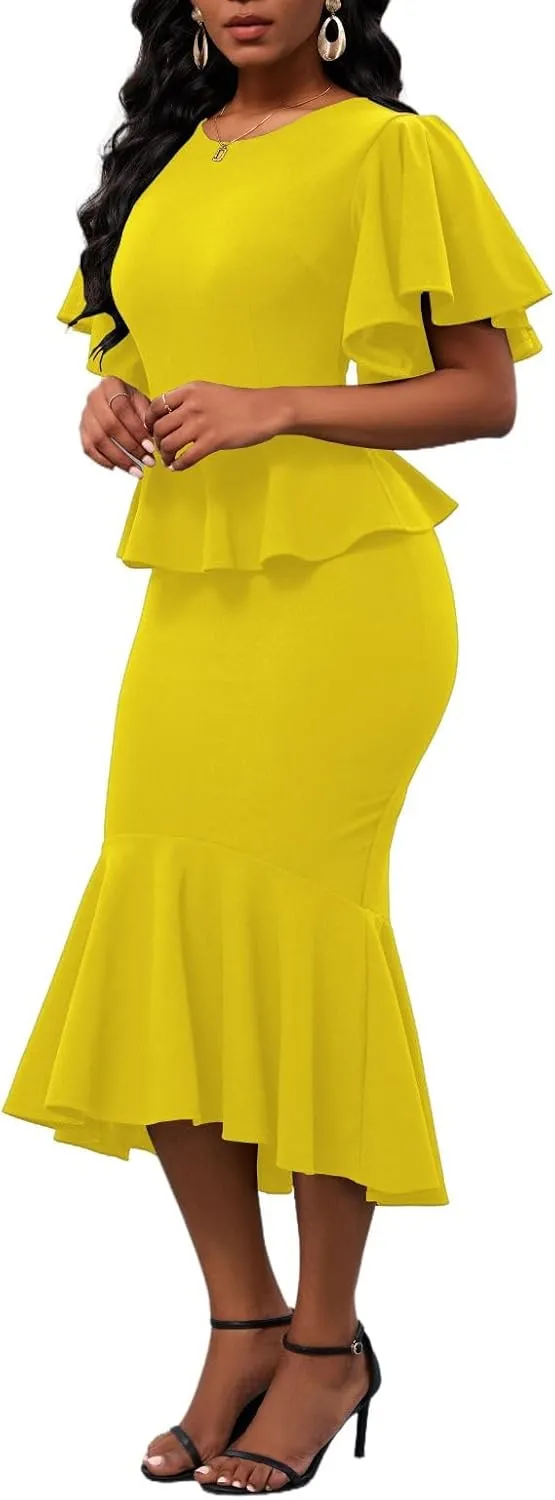 Womens Summer Ruffle Short Sleeve Fishtail Dress Evening Cocktail Formal Peplum Midi Mermaid Dresses Elegant