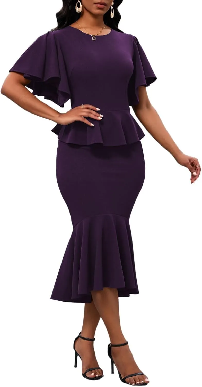 Womens Summer Ruffle Short Sleeve Fishtail Dress Evening Cocktail Formal Peplum Midi Mermaid Dresses Elegant
