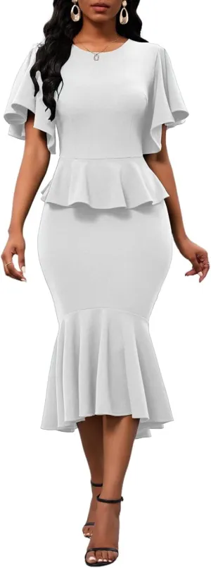 Womens Summer Ruffle Short Sleeve Fishtail Dress Evening Cocktail Formal Peplum Midi Mermaid Dresses Elegant