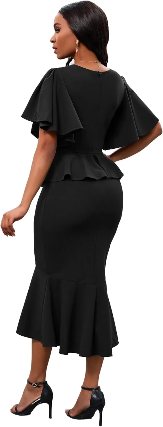 Womens Summer Ruffle Short Sleeve Fishtail Dress Evening Cocktail Formal Peplum Midi Mermaid Dresses Elegant