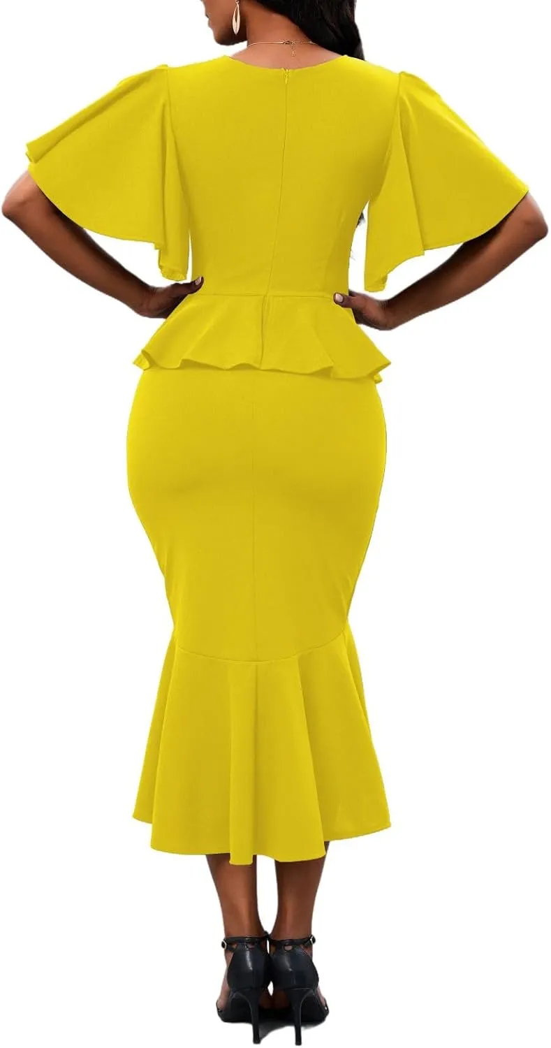 Womens Summer Ruffle Short Sleeve Fishtail Dress Evening Cocktail Formal Peplum Midi Mermaid Dresses Elegant