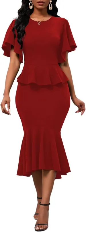 Womens Summer Ruffle Short Sleeve Fishtail Dress Evening Cocktail Formal Peplum Midi Mermaid Dresses Elegant