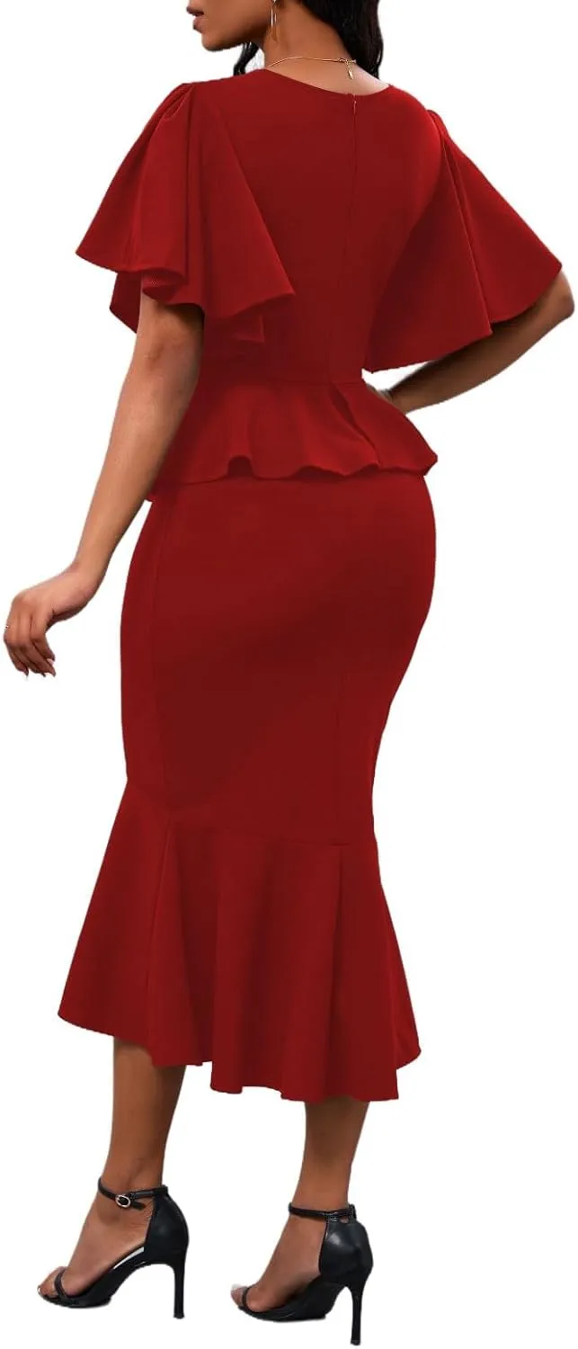 Womens Summer Ruffle Short Sleeve Fishtail Dress Evening Cocktail Formal Peplum Midi Mermaid Dresses Elegant