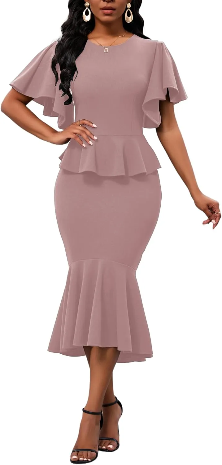 Womens Summer Ruffle Short Sleeve Fishtail Dress Evening Cocktail Formal Peplum Midi Mermaid Dresses Elegant