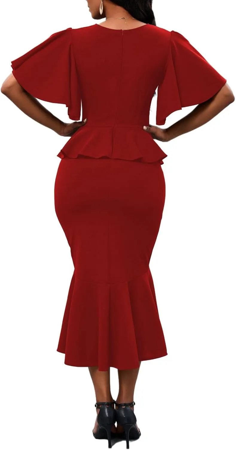 Womens Summer Ruffle Short Sleeve Fishtail Dress Evening Cocktail Formal Peplum Midi Mermaid Dresses Elegant