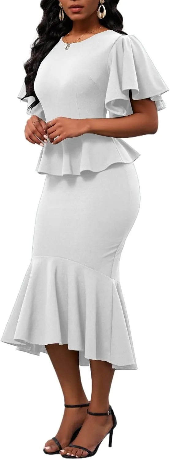 Womens Summer Ruffle Short Sleeve Fishtail Dress Evening Cocktail Formal Peplum Midi Mermaid Dresses Elegant