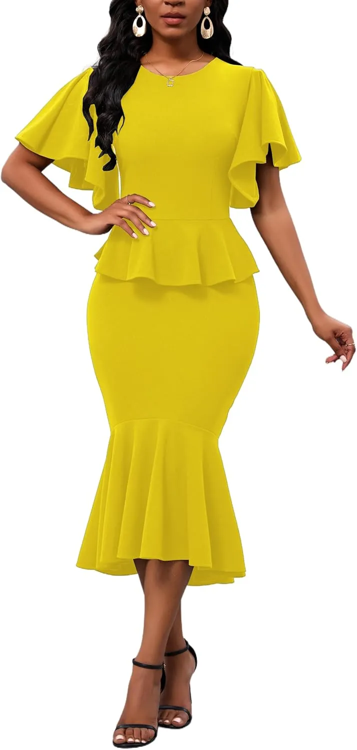 Womens Summer Ruffle Short Sleeve Fishtail Dress Evening Cocktail Formal Peplum Midi Mermaid Dresses Elegant