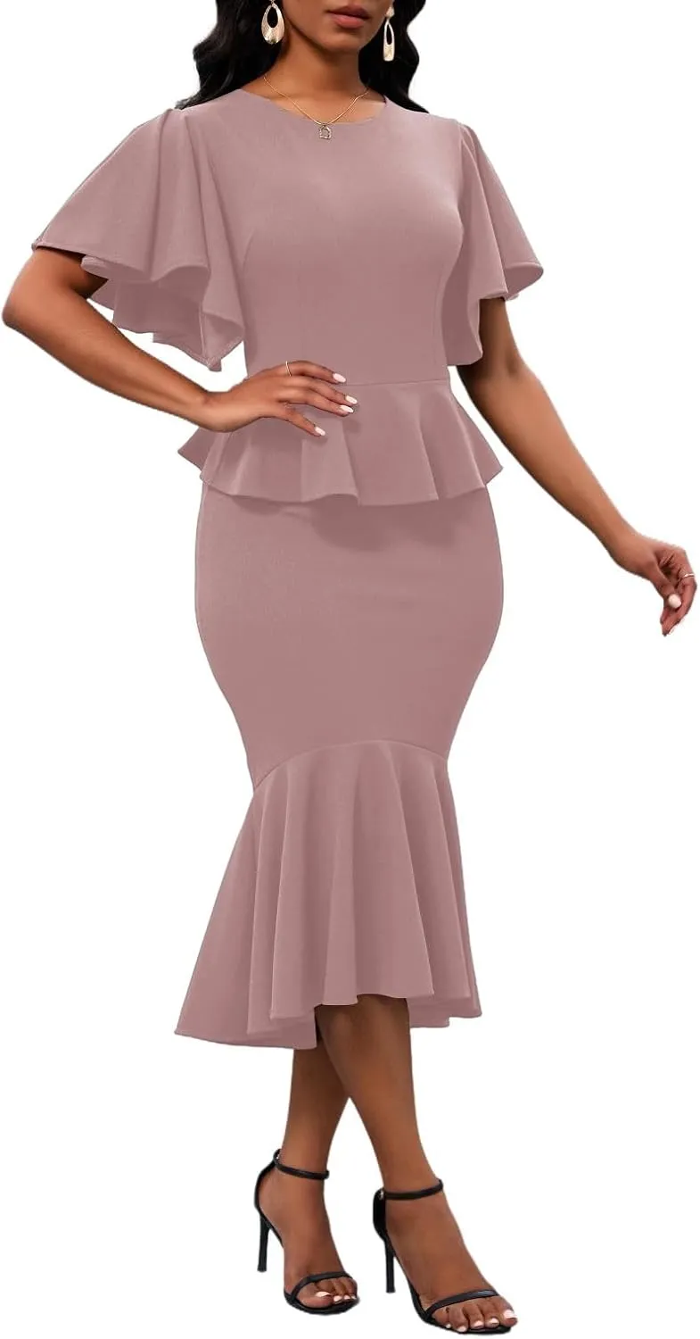 Womens Summer Ruffle Short Sleeve Fishtail Dress Evening Cocktail Formal Peplum Midi Mermaid Dresses Elegant