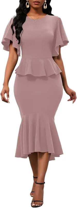 Womens Summer Ruffle Short Sleeve Fishtail Dress Evening Cocktail Formal Peplum Midi Mermaid Dresses Elegant