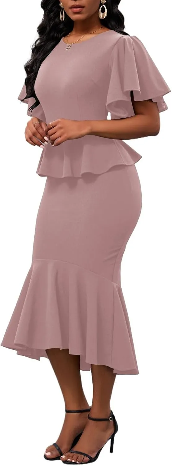 Womens Summer Ruffle Short Sleeve Fishtail Dress Evening Cocktail Formal Peplum Midi Mermaid Dresses Elegant