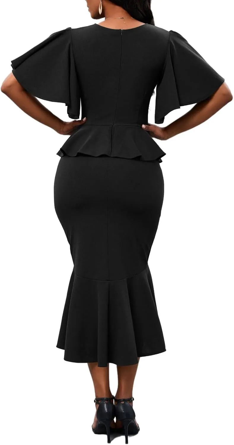Womens Summer Ruffle Short Sleeve Fishtail Dress Evening Cocktail Formal Peplum Midi Mermaid Dresses Elegant