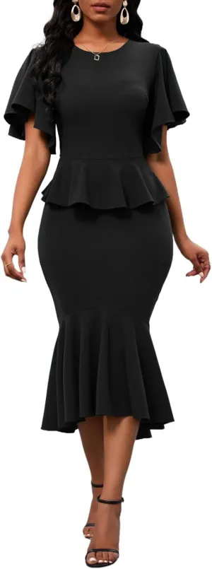 Womens Summer Ruffle Short Sleeve Fishtail Dress Evening Cocktail Formal Peplum Midi Mermaid Dresses Elegant