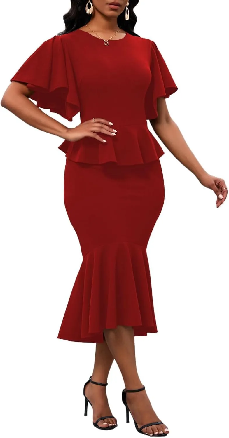 Womens Summer Ruffle Short Sleeve Fishtail Dress Evening Cocktail Formal Peplum Midi Mermaid Dresses Elegant