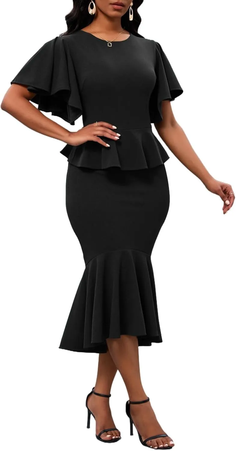Womens Summer Ruffle Short Sleeve Fishtail Dress Evening Cocktail Formal Peplum Midi Mermaid Dresses Elegant