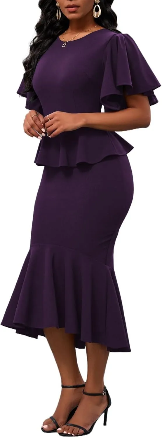 Womens Summer Ruffle Short Sleeve Fishtail Dress Evening Cocktail Formal Peplum Midi Mermaid Dresses Elegant