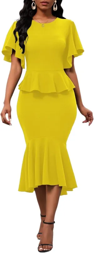 Womens Summer Ruffle Short Sleeve Fishtail Dress Evening Cocktail Formal Peplum Midi Mermaid Dresses Elegant