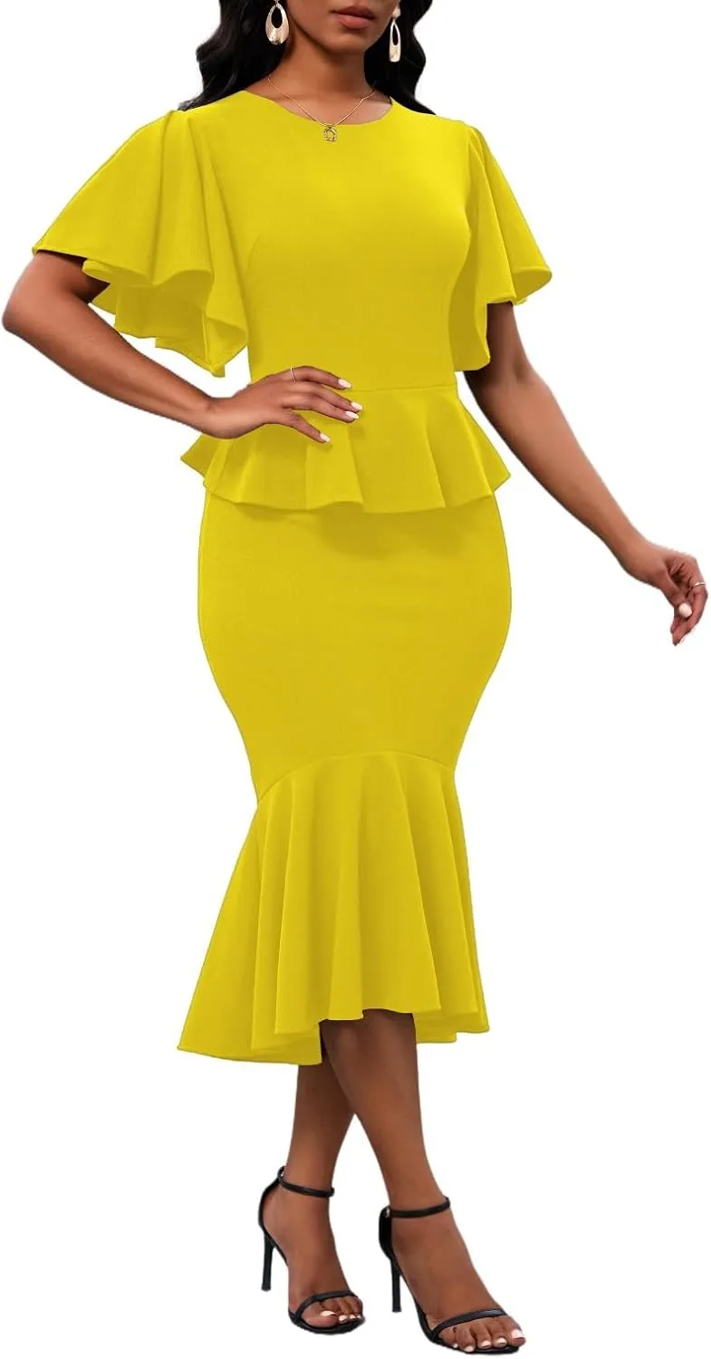 Womens Summer Ruffle Short Sleeve Fishtail Dress Evening Cocktail Formal Peplum Midi Mermaid Dresses Elegant