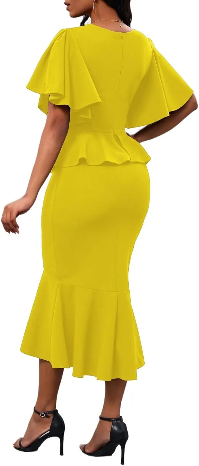 Womens Summer Ruffle Short Sleeve Fishtail Dress Evening Cocktail Formal Peplum Midi Mermaid Dresses Elegant