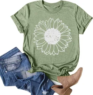 Women's Summer Tops Sunflower T Shirts for Women Cute Graphic Loose Tees Crew Neck Short Sleeve Casual Tops