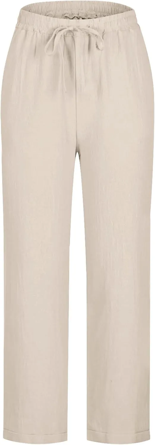Womens Tapered Pants Cotton Linen Drawstring Elastic Waist Pants Summer Casual Trousers Plus Size Slacks with Pockets
