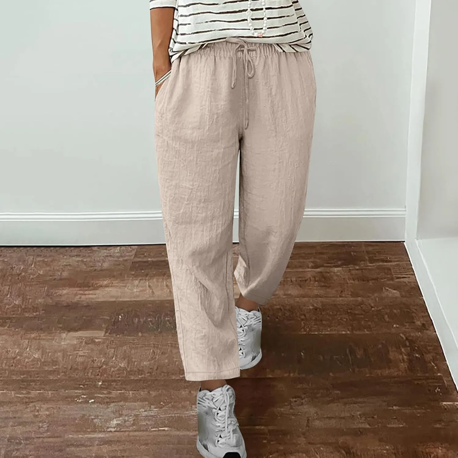 Womens Tapered Pants Cotton Linen Drawstring Elastic Waist Pants Summer Casual Trousers Plus Size Slacks with Pockets