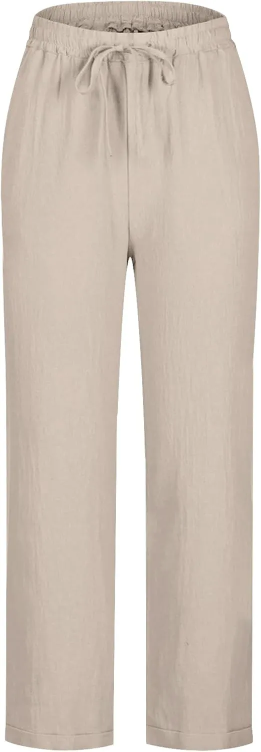 Womens Tapered Pants Cotton Linen Drawstring Elastic Waist Pants Summer Casual Trousers Plus Size Slacks with Pockets