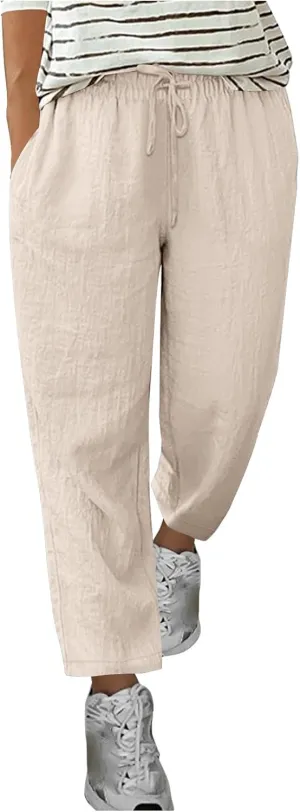 Womens Tapered Pants Cotton Linen Drawstring Elastic Waist Pants Summer Casual Trousers Plus Size Slacks with Pockets